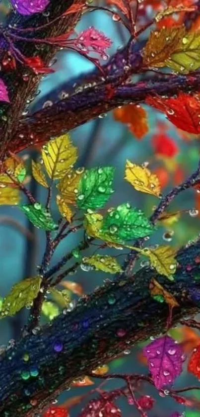 Vibrant tree branches with colorful leaves and dew drops.