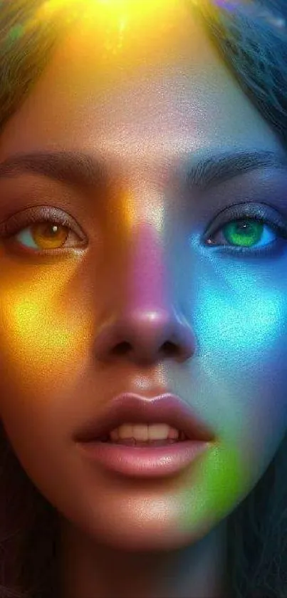 A vibrant portrait with rainbow light effects on a woman's face.