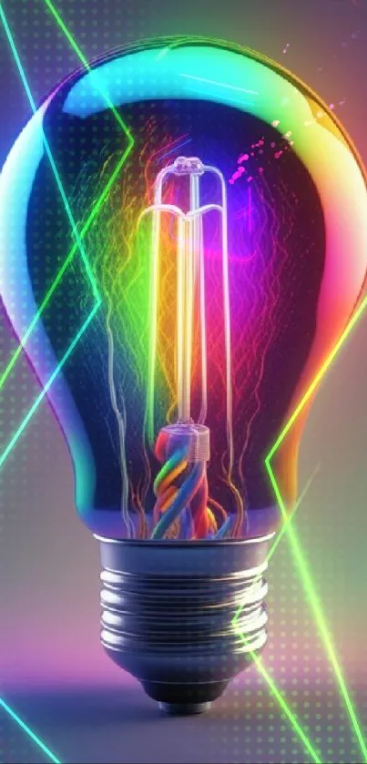 A vibrant rainbow-colored lightbulb emits a glowing effect.