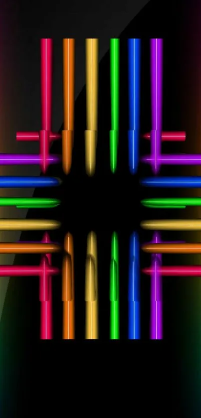 Colorful neon abstract wallpaper with dynamic rainbow lights on black background.