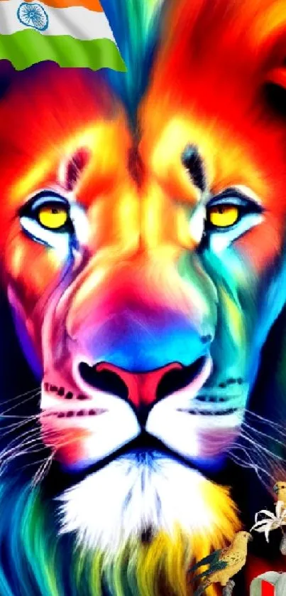 Vibrant rainbow-colored lion with Indian flag accent.