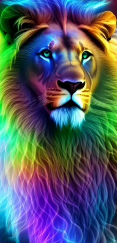 A vibrant, multicolored lion with a glowing mane.