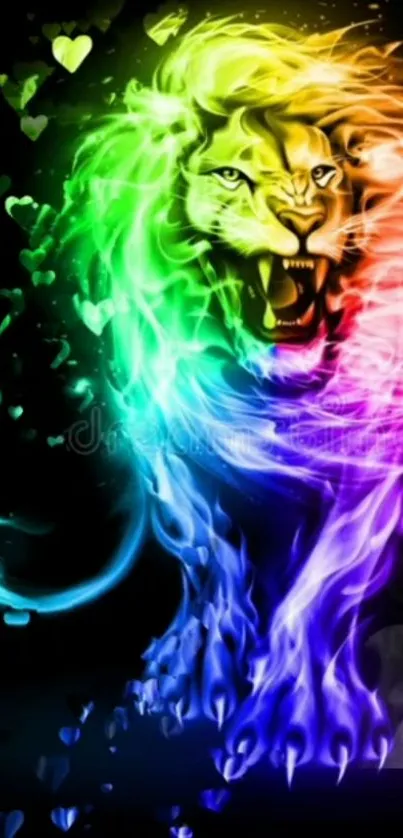 Vibrant rainbow-colored lion art with black background.