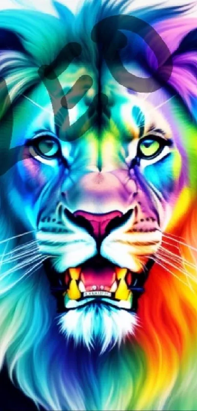 Vibrant rainbow lion art with bold colors and fierce expression.