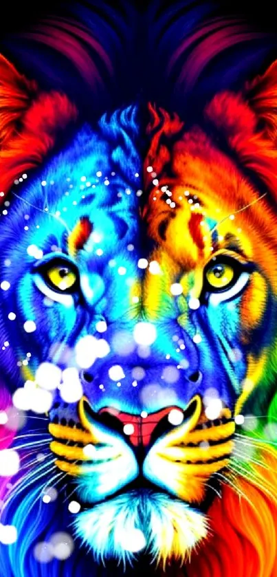 Colorful rainbow lion artwork with vibrant mane.