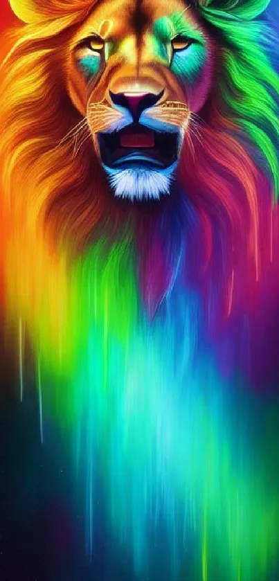 Vibrant rainbow lion art on phone wallpaper.