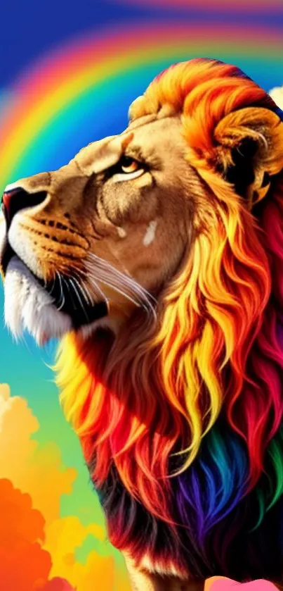 Vibrant lion with rainbow mane in bright sky wallpaper.