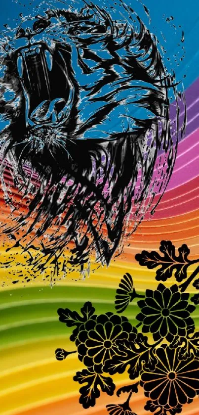 Dynamic wallpaper with a roaring lion and rainbow waves.