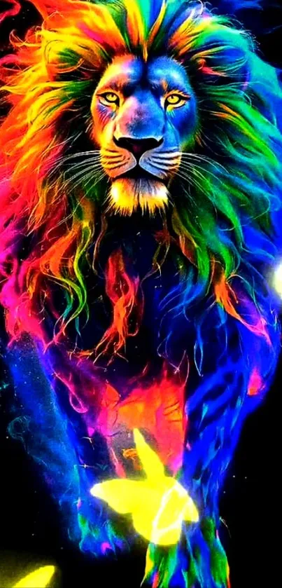 Vibrant rainbow lion with colorful mane and glowing butterflies.
