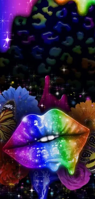 Vibrant rainbow lips with butterflies and flowers on a dark background.