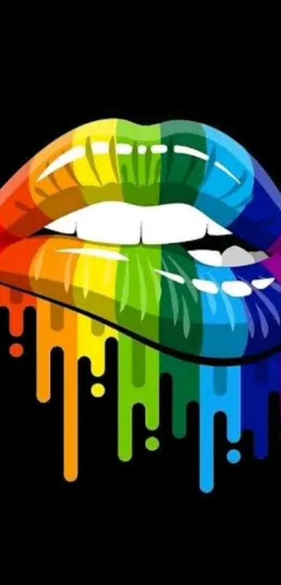 Rainbow colored lips with dripping design on black background.