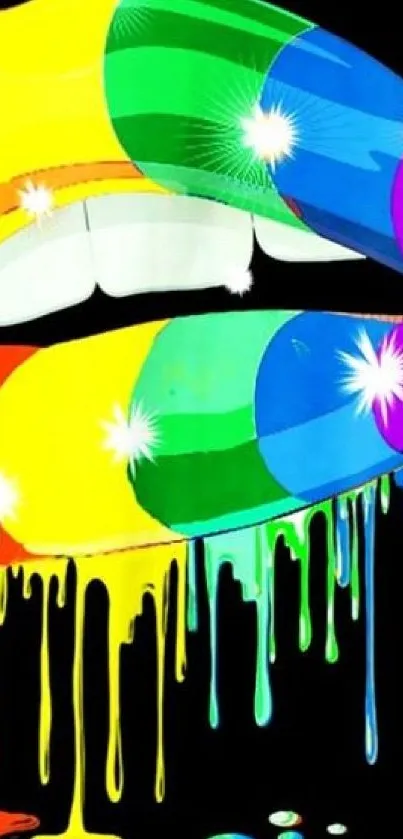 Colorful rainbow lips wallpaper with dripping paint on a black background.