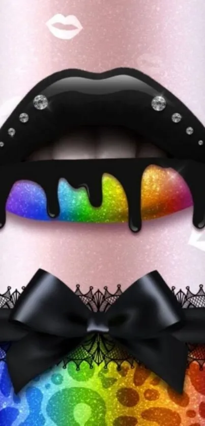 Vibrant rainbow lips with black accents on mobile wallpaper.