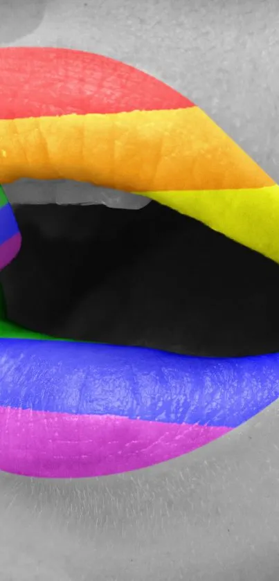 Vibrant rainbow-colored lips on a monochrome background.