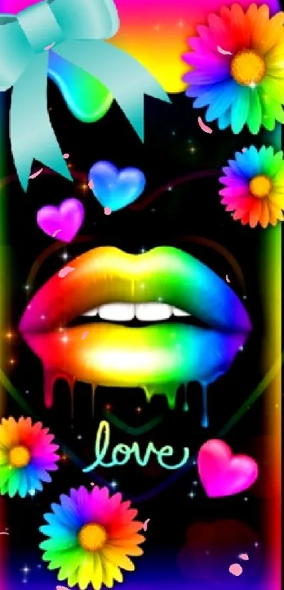 Vibrant rainbow lips with colorful flowers and hearts wallpaper.