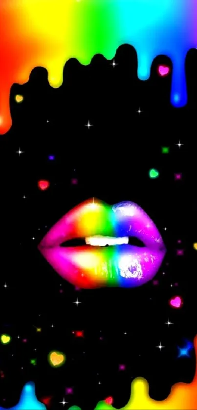 Colorful rainbow lips with drip and hearts wallpaper.