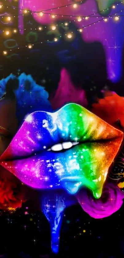 Vibrant rainbow lips against a colorful artistic background with glowing elements.