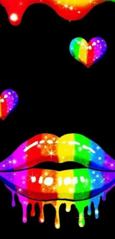 Rainbow lips with glitter hearts on black background.