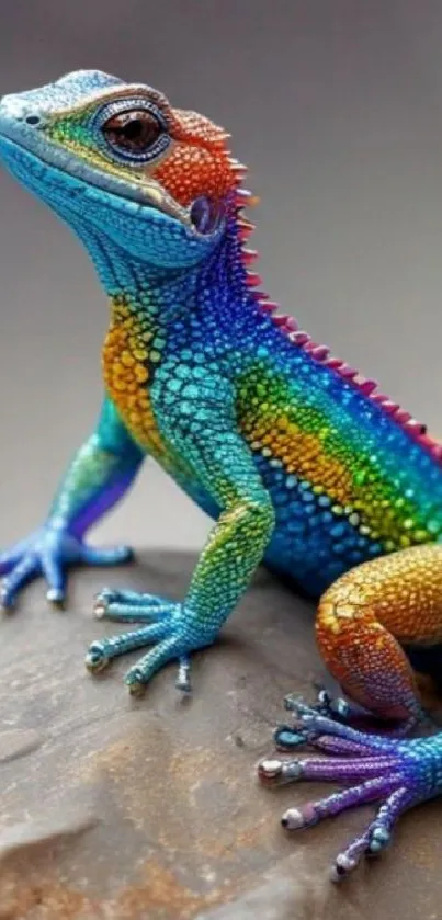 Vibrant rainbow-colored lizard on rock.
