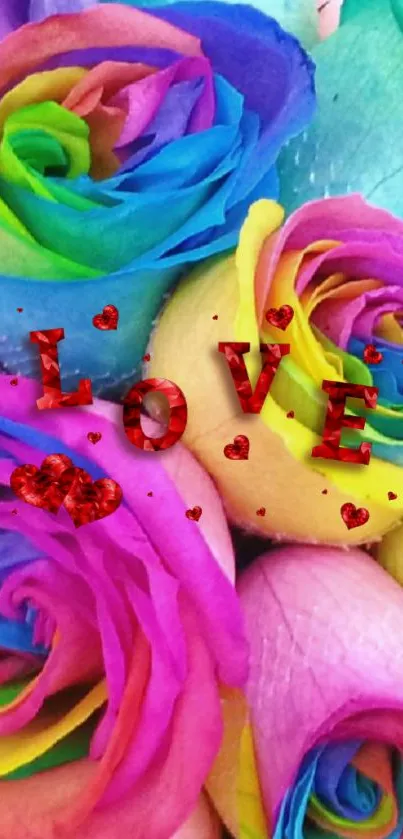 Colorful rainbow roses with love text design.