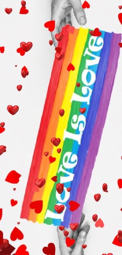 Hands holding a rainbow banner with 'Love is Love' surrounded by red hearts.