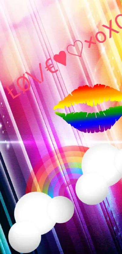 Vibrant rainbow love wallpaper with colorful lips and geometric patterns.