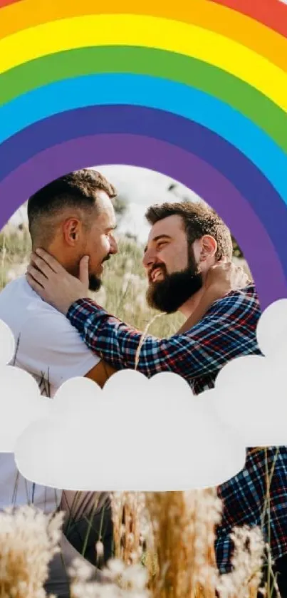 Couple embracing under a rainbow in nature.