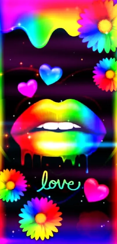 Vibrant rainbow wallpaper with lips, hearts, and flowers in neon colors.