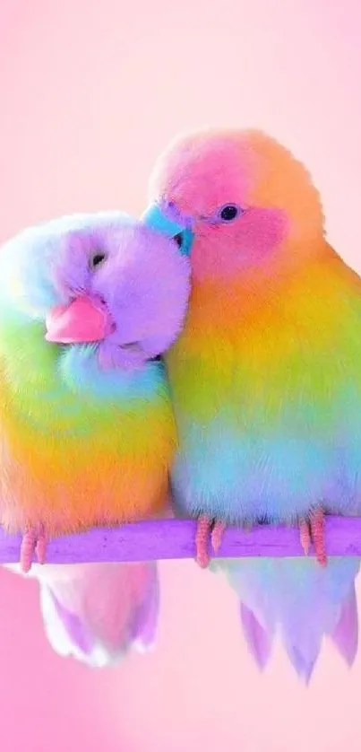 Vibrant rainbow lovebirds on a soft pink background.