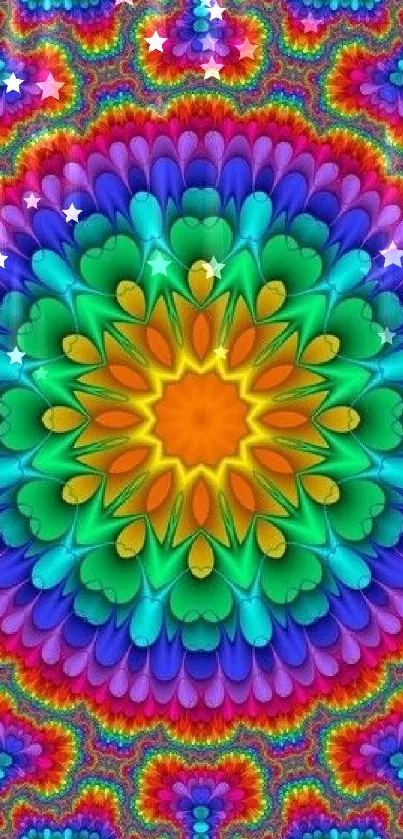 Vibrant rainbow mandala with intricate colorful design.