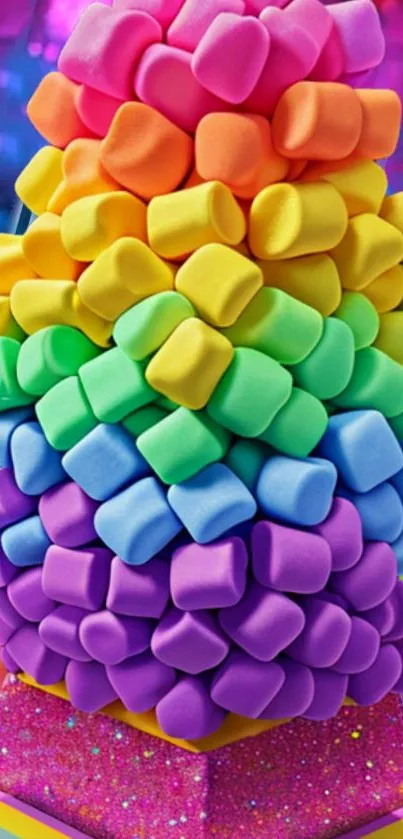 Vibrant tower of colorful marshmallows in rainbow hues for phone wallpaper.