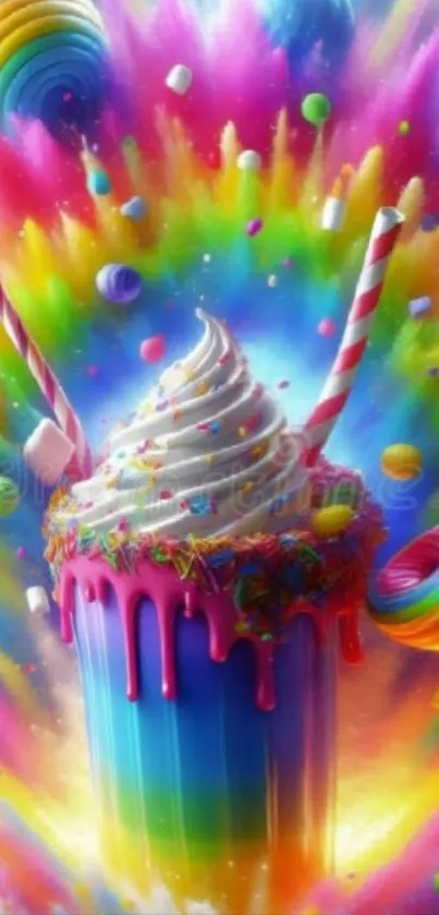 Colorful rainbow milkshake with candy.