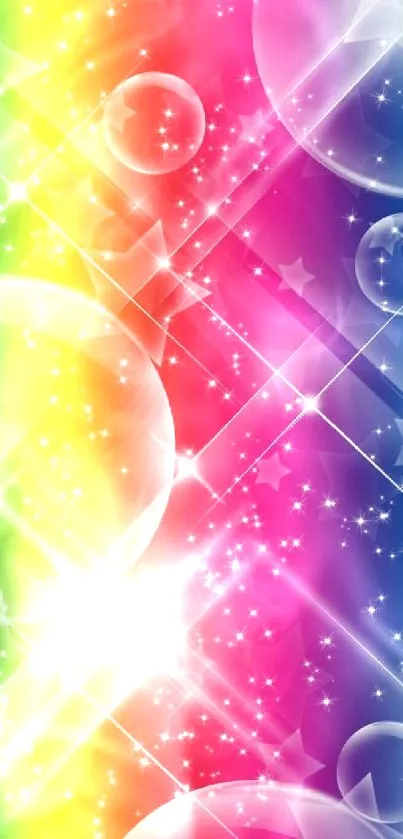 Rainbow mobile wallpaper with stars and bubbles creating a vibrant, colorful design.