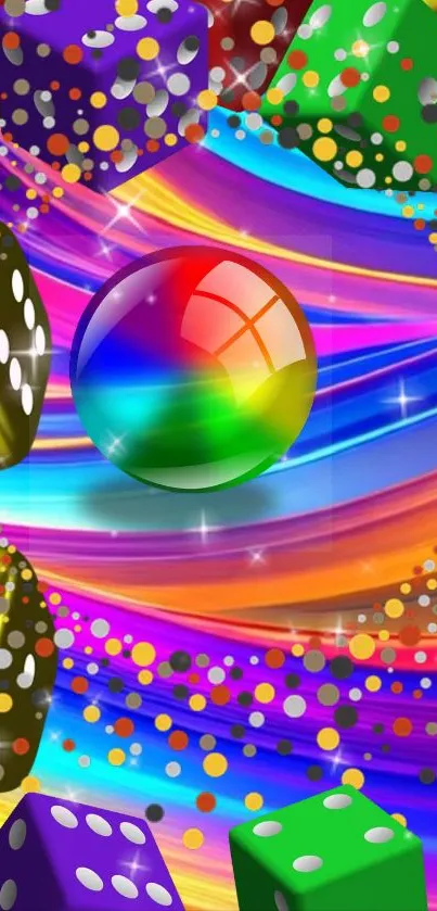 Vibrant mobile wallpaper with rainbow colors and dice graphics.