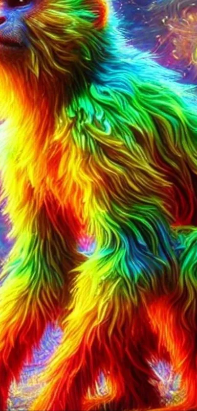 Vibrant rainbow monkey with psychedelic fur design.