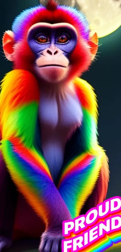 Vibrant rainbow-colored monkey with text 'Proud Friend' at the bottom.