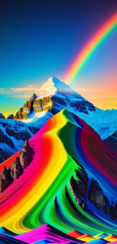 Vibrant rainbow-colored mountain with a bright sky and rainbow arch.