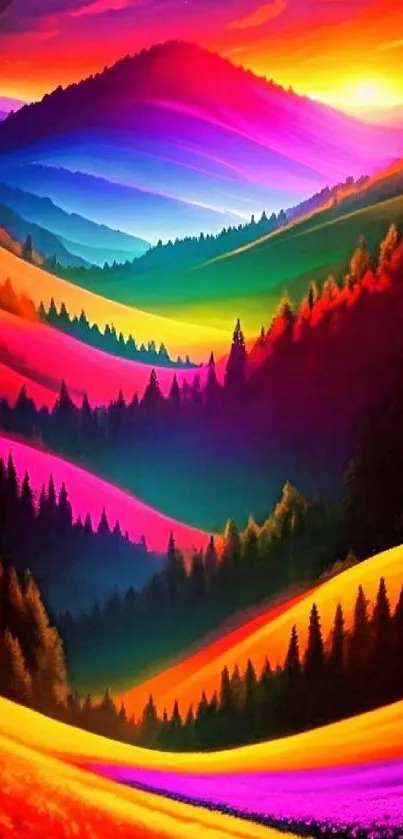 Vibrant multicolored landscape with scenic hills and trees.