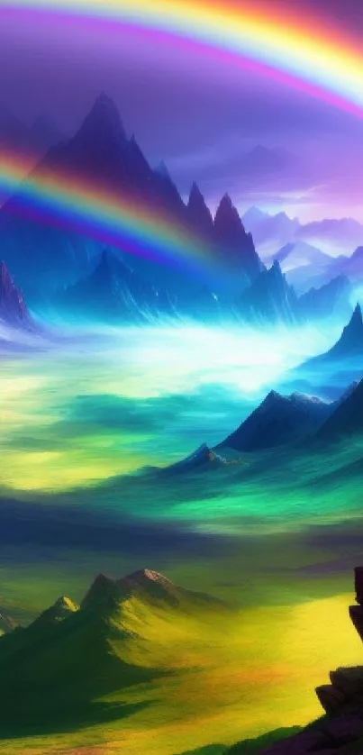 Vibrant rainbow arches over misty mountains in a colorful, dreamlike landscape.