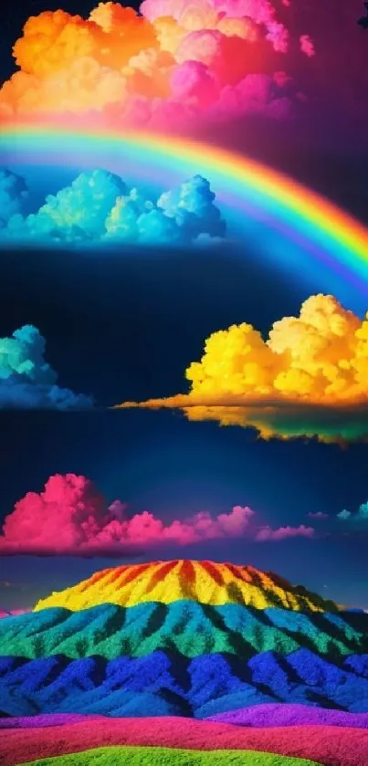 Colorful mountain with vibrant rainbow and vivid clouds.