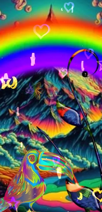 Vibrant rainbow over a mystical mountain landscape with abstract elements.