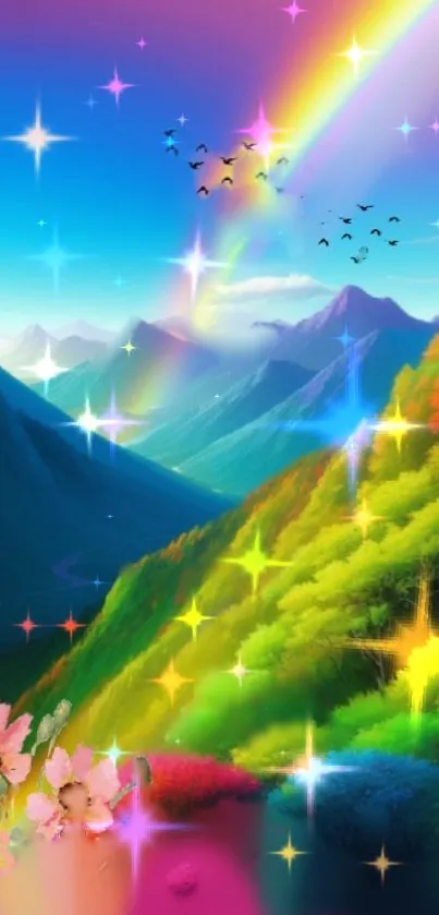 Vibrant mountain wallpaper with rainbow and stars.