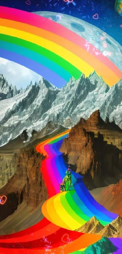 Surreal rainbow path through a mountain landscape with celestial background.