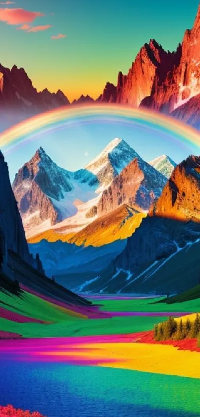 Vibrant rainbow above majestic mountains with colorful landscape.