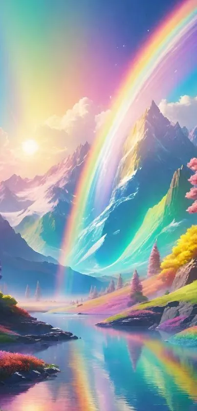 Vibrant and colorful mountains with a rainbow in the sky.