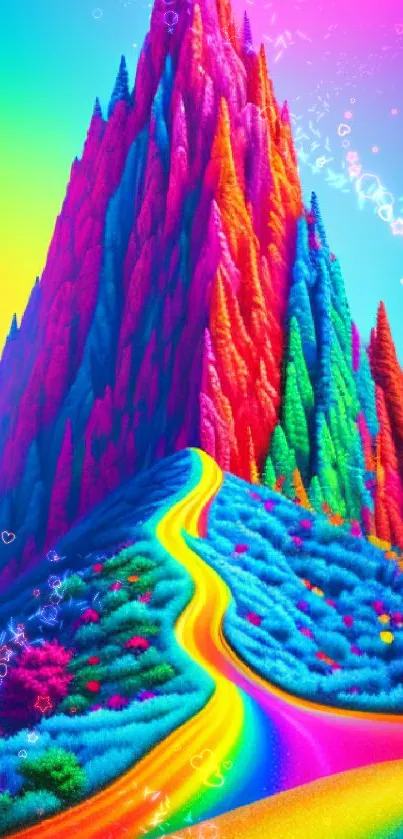 Colorful abstract mountain with rainbow path.