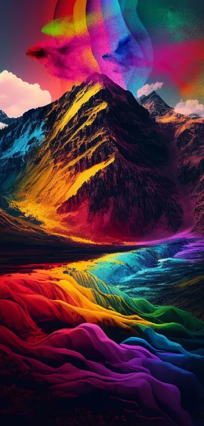 Vibrant rainbow mountain scene with colorful sky.