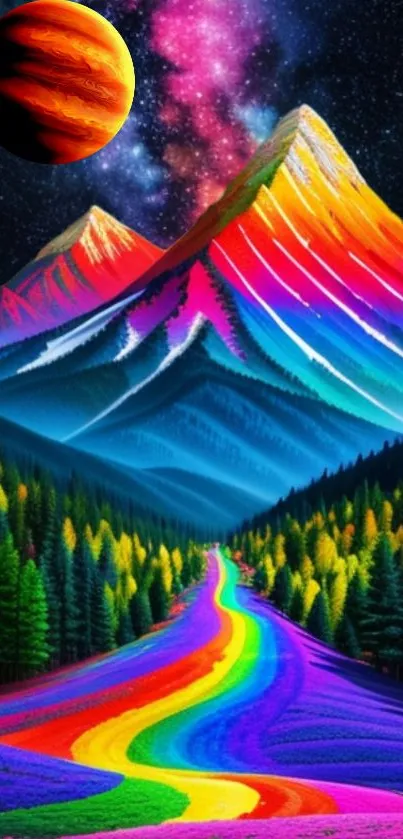 Vibrant rainbow mountain and cosmic scene wallpaper.