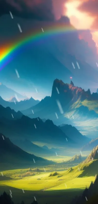 Mountain landscape with vibrant rainbow and rain against a colorful sky.
