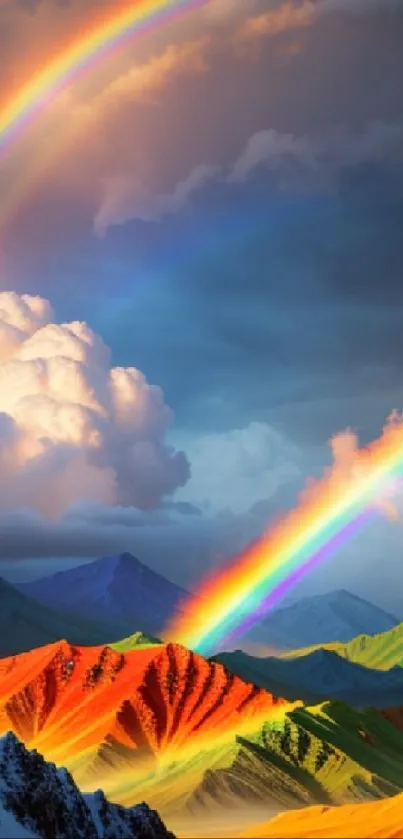 Vivid rainbow over scenic colorful mountains under a dramatic cloudy sky.